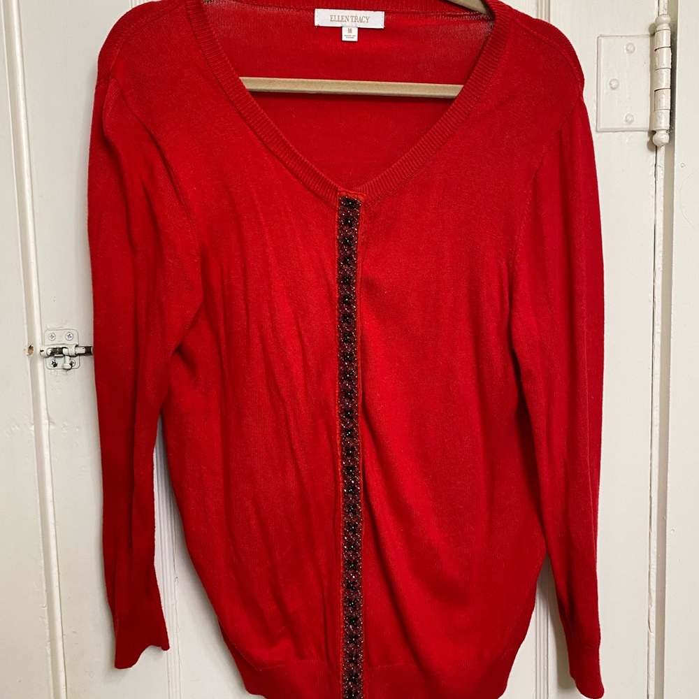 Red Cardigan with Black Jeweled trim